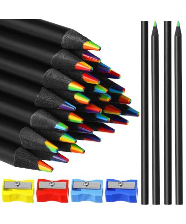 CHENGU 48 Pcs Rainbow Colored Pencils, 7 Color in 1 Rainbow Pencil for Kids, Wooden Colored Pencil Multi Colored Pencils Bulk with 4 Pieces Sharpener for Kids Adults Art Drawing (Black Wood)