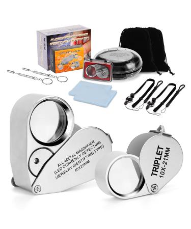 Wanapure 10&40 Metal Jewelry Loop Magnifier, Jewelers Eye Loupe with LED Light, Includes Drawstring Bag and Adjustable Lanyard, Pocket Illuminated Magnifying Glass for Gems, Rock Collection 10x & 40x