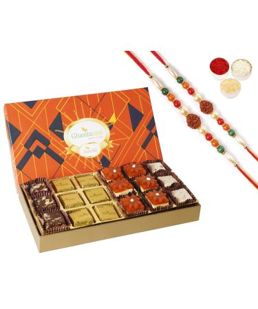 Ghasitaram Gifts Jaiccha Rakhi for Brother Assorted Bites in Designer Box 18pcs with 2 Rudraksh rakhis