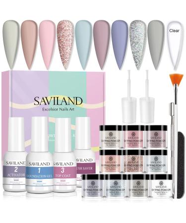 19Pcs Saviland Dip Powder Nail Kit Starter, 10 Colors Glitter White Pink Clear Dipping Powder Nail Kit with Dip Powder Base Activator and Top Coat Brush Saver Dip Powder Liquid Set for Nails Art A-Daily Colors