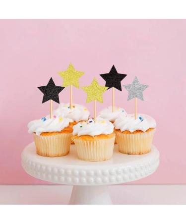 120 Pcs Star Cupcake Toppers Happy New Year Glitter Black Gold and Silver Star Cake Topper Picks Toothpick Toppers New Year Photo Props for New Year Party Supplies (Star) - Buy Online on SooperMarket.com