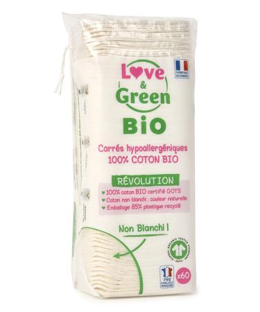 Love & Green Square Cotton Pads Unbleached 1 Pack of 60 Gel Lavant Corps & Cheveux