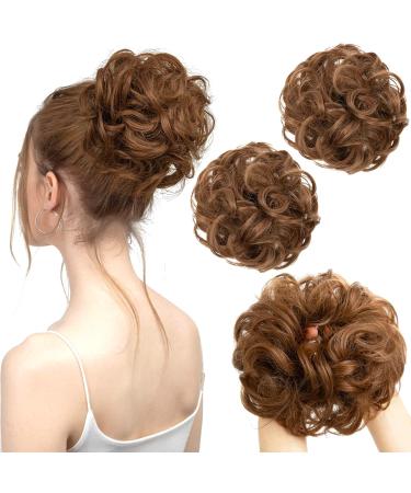 2PCS LIght Auburn Updo Messy Hair Buns Extensions Curly Wavy Hair Elastic Easy Scrunchies for Women Girls Large Synthetic Donut Updo Hair Pieces Hair Chignons 30#