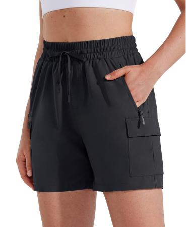 MASKERT Women's Hiking Cargo Shorts 5" 7" 9" Quick Dry Athletic Golf Shorts Lightweight Running Summer Casual Shorts 5" Inseam Medium 5 Inch-black