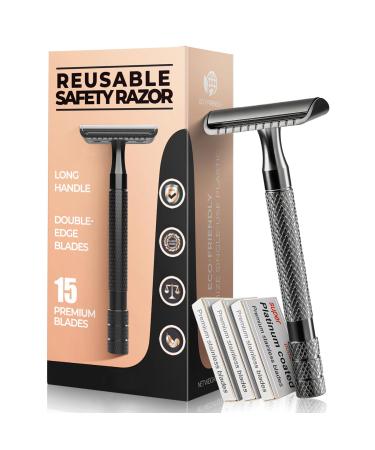 Safety Razor for Men with 15 Stainless Steel Blades Long Handle Double Edge Safety Razor with 10 Stainless Steel Blades-Black