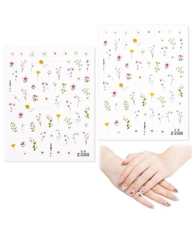 2 Sheets Flower Nail Stickers 5D Embossed Summer Floral Leaf Plant Nail Decorations Self-Adhesive Beautiful Spring Wildflower Nail Decals Manicure Flora Art Supplies for Women Girls