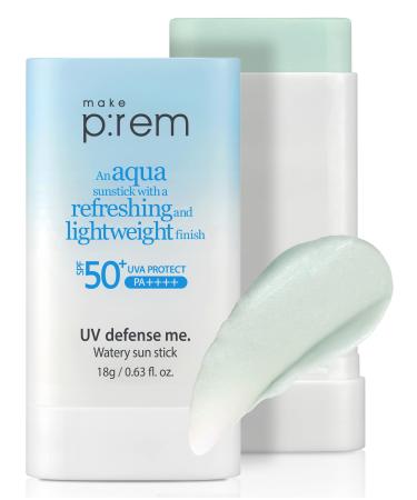 MAKEPREM UVA UVB Defense Me Watery Sun Stick SPF 50+ PA++++ Reef-safe Ocean Friendly Moisture Sunblock Body Face UV Protection 0.63 Fl Oz