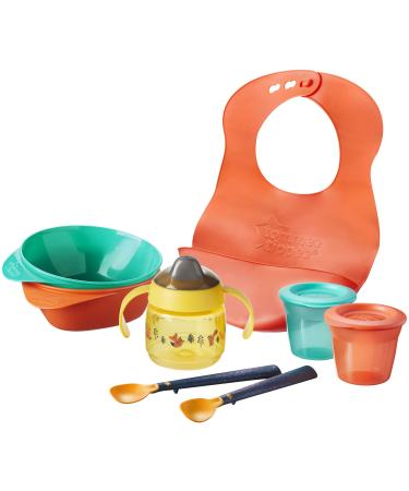 Tommee Tippee Weaning Starter Kit with Toddler Feeding Bowls and Spoons Silicone Bib 100% Leak-proof Weaning Sippy Cup and Food Storage Pots 4m+ 8 Count (Pack of 1)