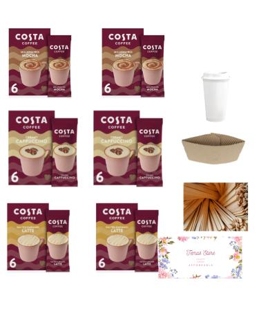 Temas Costa Coffee Instant Coffee Sachets Bundled With Reusable Coffee Cup Sleeves & Coffee Stirrers | 3 Flavours - Creamy Cappuccino Salted Caramel Latte Millionaire Mocha (Mixed Variety Flavour)