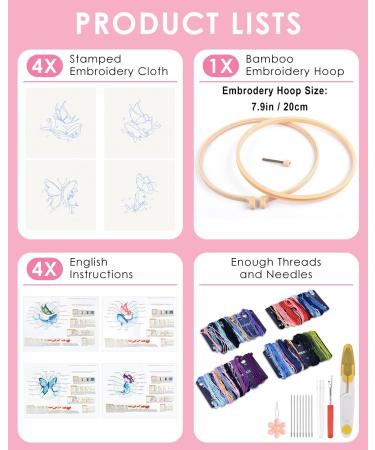 Embroidery Stitch Practice Kit - 4 Sets Butterfly & Whale Designs for Beginners | Includes Cloth, Hoops, Threads | Learn Embroidery Skills - Buy Online on SooperMarket.com