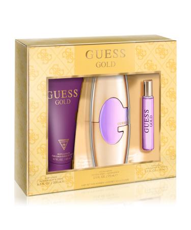 GUESS Gold Women/Femme Eau de Parfum 3 Piece Gift Set - Perfume Spray 2.5 Fl. Oz. Travel Spray 0.5 Fl. Oz. & Body Lotion 6.7 Fl. Oz.