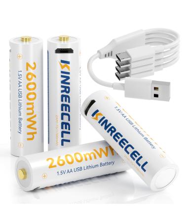 Rechargeable AA Li-Ion Battery 2600mWh 1.5V Constant Output AA Battery with 4 and 1 USB Cables 1.5 Hour Fast Charge 1500 Charge Cycles for Smart Door Locks Game Controllers (4 Pack)
