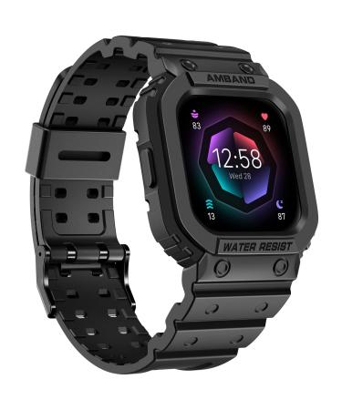 amBand Compatible for Fitbit Versa 4/ Fitbit Versa 3/ Fitbit Versa 2/ Fitbit Versa Lite/Fitbit Sense 2/ Fitbit Sense Bands with Case Protective Case Strap Rugged Sport Protector Wristbands Men Black Black Fitbit Sense 2/1 & Versa 4/3/2/1 & Versa Lite