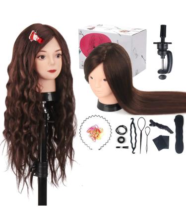 Beauty Star 23.5" Mannequin Head with 80% Real Human Hair, Manikin Doll Head with Table Clamp Holder + DIY Hair Styling Braid Set, Cosmetology Make-up Hairdressing Training Head (Dark Brown)