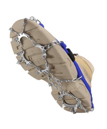 Crampons for mountain shoes stainless steel ICE clamps crampons with 2 Velcro ligaments anti-slip on ice and snow for hiking climbing mountaineering ice fishing in winter 13 teeth: blue L (EU 42-44)