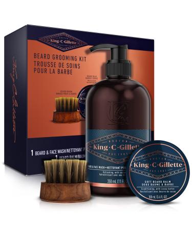King C. Gillette Beard Grooming Kit For Men Beard & Face Wash + Beard Balm + Beard Brush Gift Sets For Him/Dad