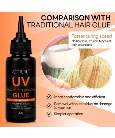 Premium Hair Extension UV Glue Kit - Waterproof & Mild 20g | Transparent Glue Remover & Brush for Perfect Hair Extensions - Buy Online on SooperMarket.com