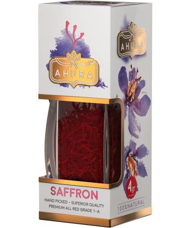 Ahura Finest Natural Saffron Threads - Pure Grade 1 All Red Saffron Spice - 4g Jar for Tea, Paella, Risotto, Pasta, Rice Cooking - No Additives - Buy Online on SooperMarket.com