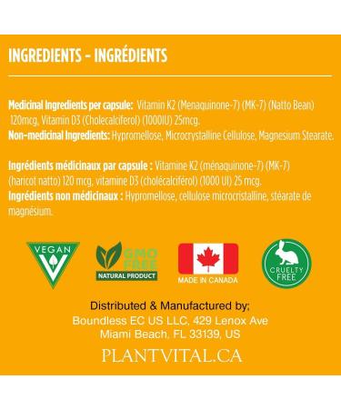 PlantVital High-Potency Vegan Vitamin D3 + K2 - (1000IU / 25 mcg + 120 mcg) for Bones Teeth Good Health and Immune System - Patented MK7 Form - K2 D3 vitamin - 8 Months Supply - 240 Capsules. 240 count (Pack of 1) - Buy Online on SooperMarket.com
