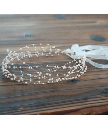 BABEYOND Bridal Headpiece Wedding Headband - Pearl Vintage Wedding Hair Bands for Brides with Lace Ribbon (White Beads)