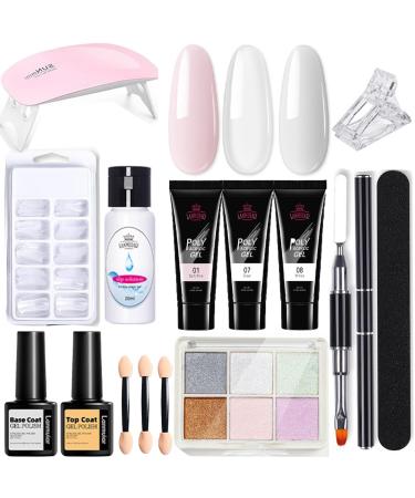 Poly Nail Gel Kit With Lamp UV 3 Color Nail Builder Gel Full Set With Chrome Nail Powder Poly Nail Extension Gel For Beginner False Nail Crystal Gels Enhancement For Women Gift (ClearWhitePink)
