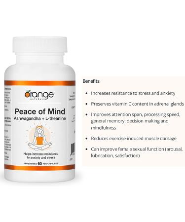 Orange Naturals - Peace of Mind - Ashwagandha and L-theanine 60 Caps - Ashwagandha KSM 66 L-Theanine - Stress and Anxiety Supplement - KSM 66 Ashwagandha Capsules 300mg and L Theanine 100mg - Buy Online on SooperMarket.com