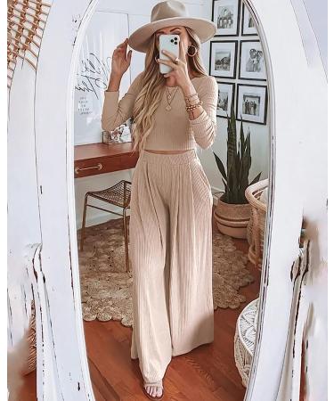 BTFBM Women's Ribbed Knit Lounge Set - Long Sleeve Crop Top & Wide Leg Pant in Solid Apricot | Size Large - Buy Online on SooperMarket.com