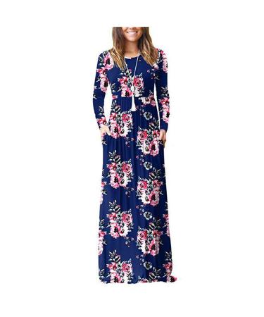 Women's Casual Summer Dress Long Sleeve Maxi Dress U-Neck Loose Swing Casual Dress with Pockets Floor Length Beach Dress 3XL Blue