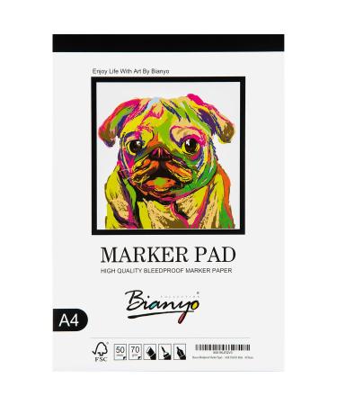 Bianyo Bleedproof Marker Paper Pad, A4(8.27"X11.69"), 50 Sheets, 18 LB / 70 GSM, Glue-Bound, 100% Cotton, White, Ideal for Use with Markers and Ink Mediums A4(8.27*11.69"), 50 sheets