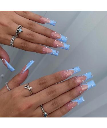 MERVF Long Square Press on Nails Blue French Tip Fake Nails Press ons with Pearls Design Glue on Nails Baby Blue Squoval Acrylic False Nails Glossy 24pcs 2602Blue