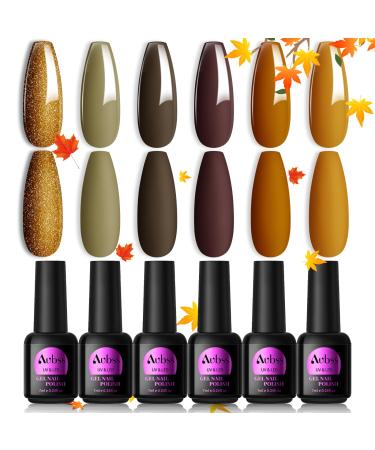 AUBSS Autumn Gel Nail Polish Set 6 Colours Autumn Winter Gel Polish Kit Gold Glitter Brownish Orange Brown Gel Polish Soak Off LED Gel Nail Kit for Nail Art Design Manicure Gift for Women DIY Home Brown Gold Orange Yellow
