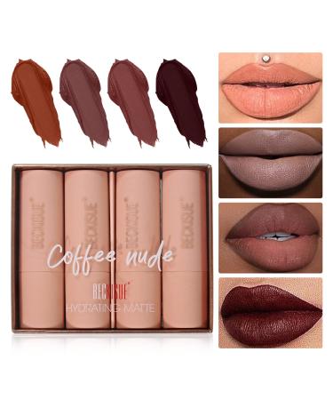 4Pcs Semi-Matte Lipstick Set Neutral Nude Matte Lip Makeup for Women Long Lasting Waterproof Creamy Velvet Finish Lipstick Non-Stick Cup Not Fade Nude Pigmented Lip Makeup (Coffee Nude) 1 Ounce (Pack of 1)