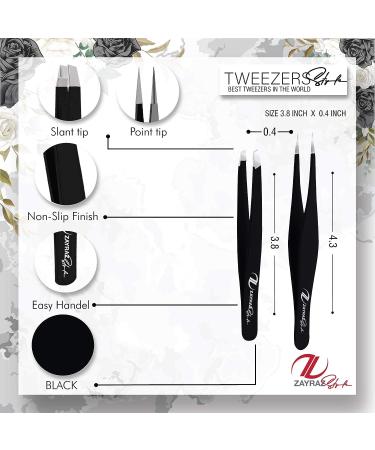 Zayraz Precision Tweezer Set for Ingrown Hair and Splinters - Stainless Steel Slant and Pointed Tweezers for Eyebrow Plucking - Black - Buy Online on SooperMarket.com