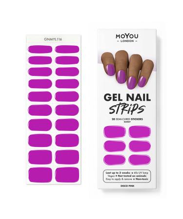 MOYOU LONDON Semi Cured Gel Nail Wraps 20 Pcs Gel Nail Polish Strips for Salon-Quality Manicure Set with Nail File & Wooden Cuticle Stick (UV/LED Lamp Required) - Disco Pink