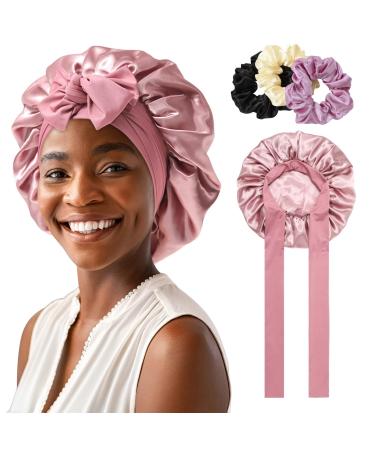 AWAYTR 2 Layered Satin Bonnet for Women Tie Band Hair Bonnet for Sleeping Silk Sleeping Cap with 3PCS Hair Scrunchies (Dust Rose(Bonus 3 Hair scrunchies))
