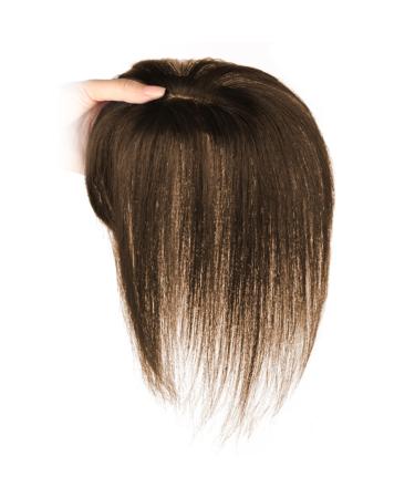 Hair Topper With Bangs 9.8 Inch Long Human Hair Toppers Women Silk Base Clip In Hair Extensions Natural Looking Hairpiece for Daily Use Natural (Brown)