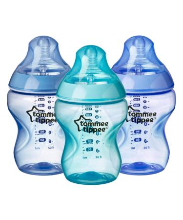 Tommee Tippee Closer to Nature Baby Bottles Slow Flow Breast-Like Nipple with Anti-Colic Valve 9oz 3 Count Colour My World Pacific - Blue Color My World Blue
