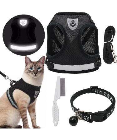 DKDDSSS Cat Harness and Lead Set Soft Mesh Harness for Outdoor Adjustable Reflective Strips Vest Harnesses Escape Proof Cat Kitten Walking Vest with Collar for Medium Cats Pets (M Black)