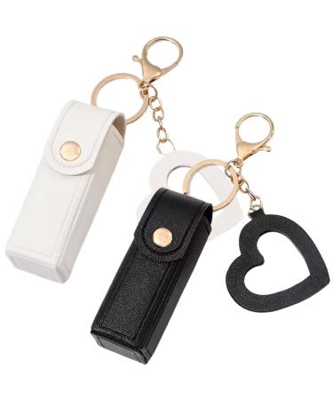 Lipstick Purse Lipstick Case 2PCS Lipstick Holder with Heart Shaped Mirror PU Lip Balm Keyring Sleeves Portable Small Lipstick Pouch for Women Girl Gift Black and White
