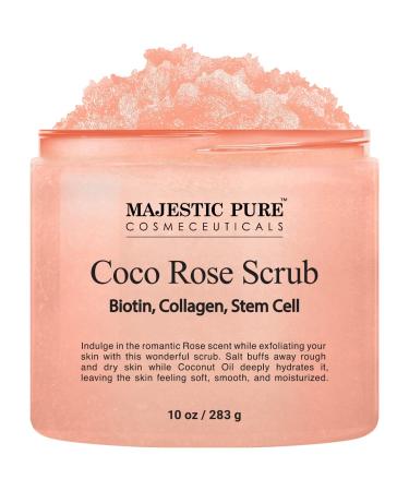 MAJESTIC PURE Coco Rose Scrub - With Biotin, Collagen, Stem Cell & Coconut Oil - Exfolaiting Body Scrub - Skin Moisturizer, Pore Cleanser & Body Exfoliator - Natural Skin Care for Men & Women - 10 oz