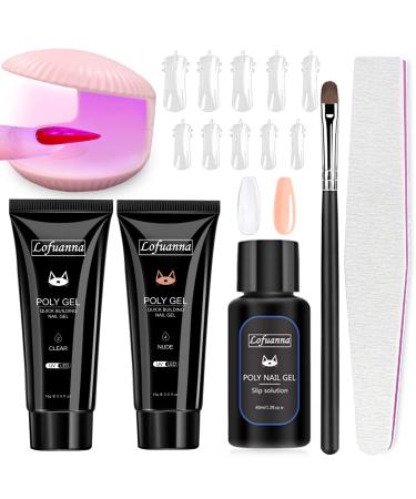Lofuanna Clear & Nude Poly Nail Gel Kit with UV Light Starter Kit -2 Colors Builder Gel Nail Extension Set Professional poly nail kits starter Kit