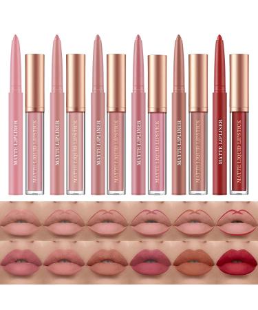 12 Pcs Liquid Lipstick Lipliner Set Nude Lipliner Matte Lipstick Long Lasting Non-Fading Stay On 24 Hours Waterproof Lip Glosses Makeup Set Gift For Women (Set C)