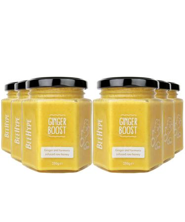 BeeHype - Ginger Boost - Ginger and Turmeric Infussed Raw Honey with NO Preservatives and NO Refined Sugars Vegetarian Nut and Dairy Free 6 x 230g Ginger Boost Pack of 6