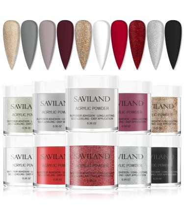 Saviland Acrylic Powder Set Glitter Acrylic Nail Powder Set 10 Colors Acrylic Nail Set Professional Polymer Powder for Nails Extension Prom Queen Series Fashion Red