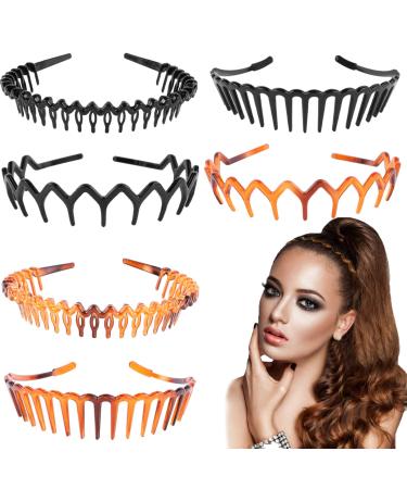 6 Pcs Tooth Headband for Women Girls Plastic Hair Bands Wavy Hair Comb Headband Hard Hairbands for Hair Styling 3 Styles(Black/Brown)