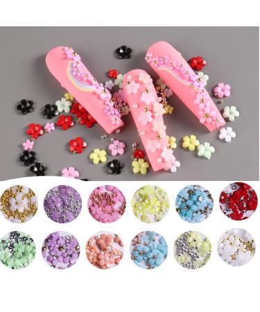 Flymind 3D Flower Nail Charms Set - Light Changing Acrylic Resin Flowers & Metal Caviar Beads for DIY Manicure Decoration | Includes Pickup Pencils & Tweezer - 36 Grids - Buy Online on SooperMarket.com