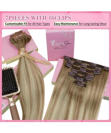 Youngsee Clip In Extensions - Real Hair Ombre 50cm Balayage Medium Brown & Platinum Blonde - 120g 7pcs - Premium Quality Hair Extensions - Buy Online on SooperMarket.com