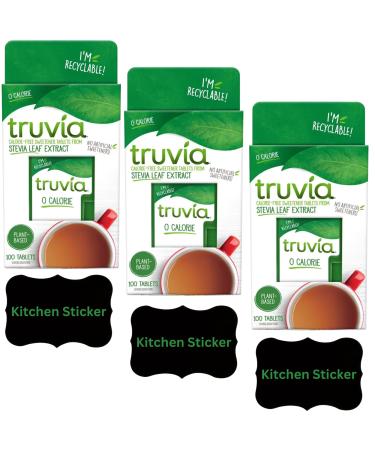 Stevia Sweetener Sugar Free Bundle with Truvia Tablets 3 x 100 pcs Plant-Base Diabetic Sweets and 3 x Wishesla Black Reusable Waterproof Label Stickers