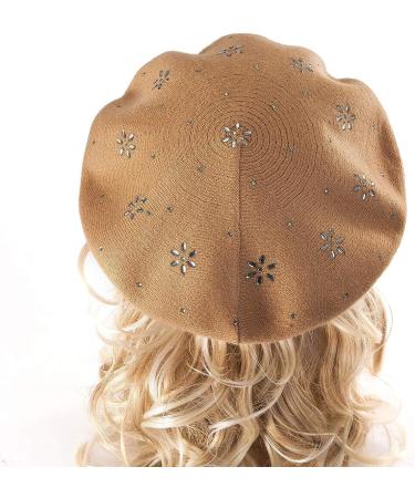 LADYBRO Rhinestone Beret Hat for Women - 2 Layer Wool French Winter Hat (Black/Red/Light Tan) - Floral Pattern - Buy Online on SooperMarket.com