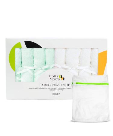 JM Bamboo Baby Washcloths 8 Pieces - Washcloth Children's Set 25 x 25 cm - Soft Baby Face Cloths for Sensitive Skin - Baby Washcloths with a Laundry Bag (Green & White) 8 Pack Green & White